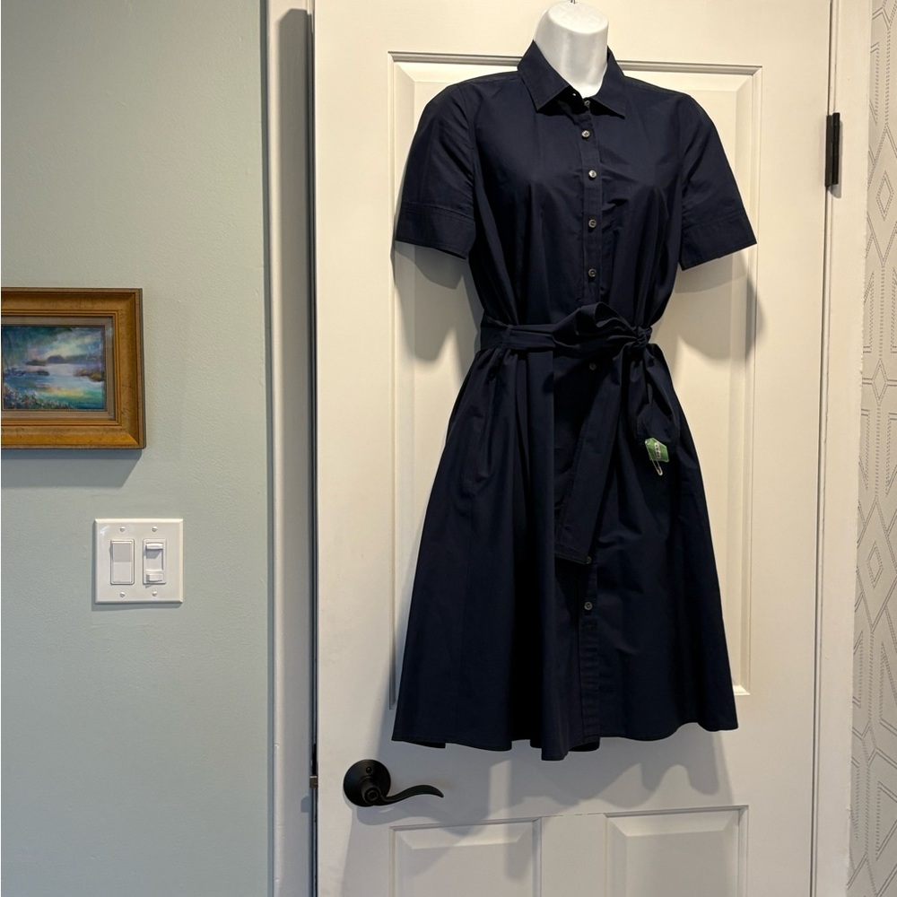 Elegant Navy Blue A-Line Shirt Dress with Pockets Size 4